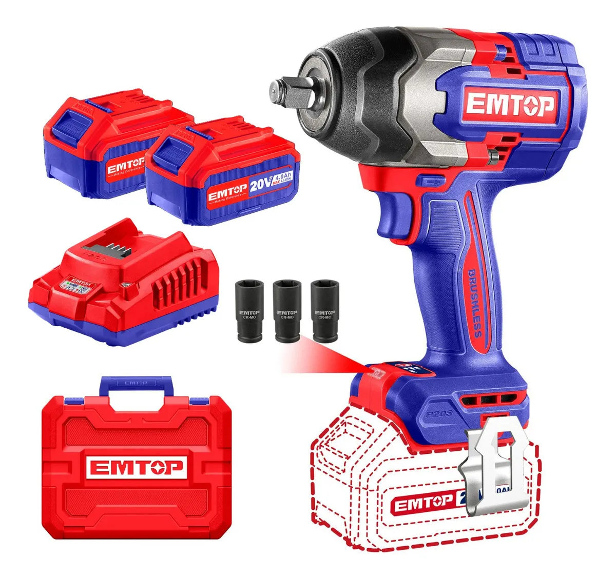 Llave De Impacto Inalam. Brush 20V 850 Nm + Carg + 2 Bat 4.0 Ah + Acc